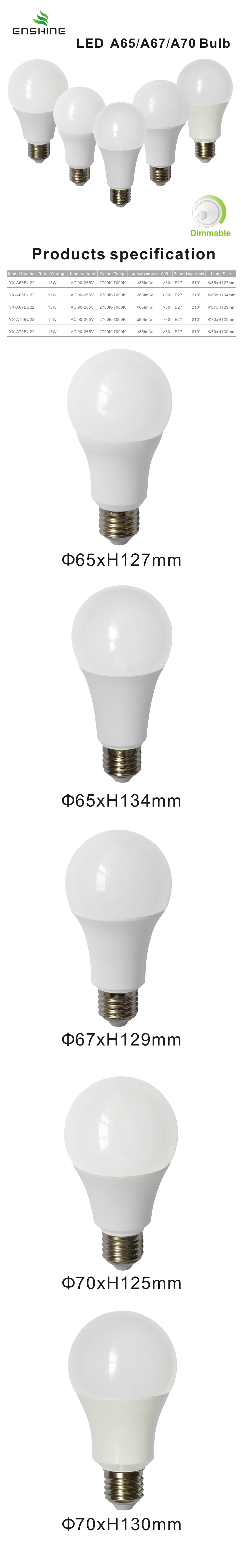 13-15W LED A65 dimmable bulbs YX-A65/A70BU22
