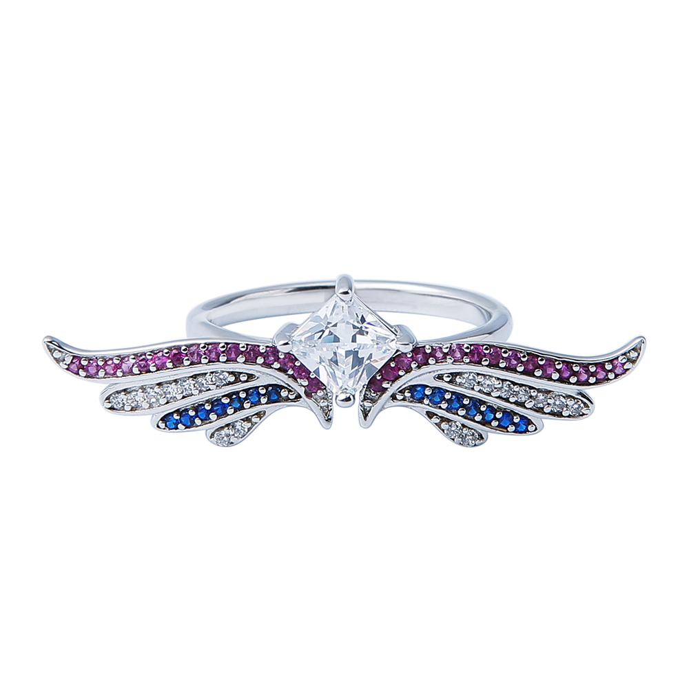 独特的翼形红宝石钻石首饰银戒指