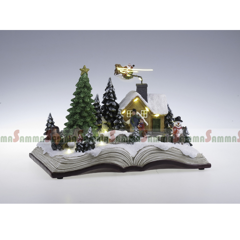 开放书XMAS场景，转动树和圣诞老人雪橇，LED点亮