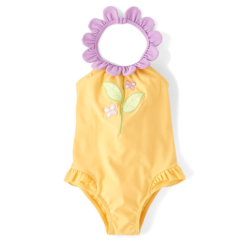 女孩的刺绣蝴蝶和花茎一件泳衣
